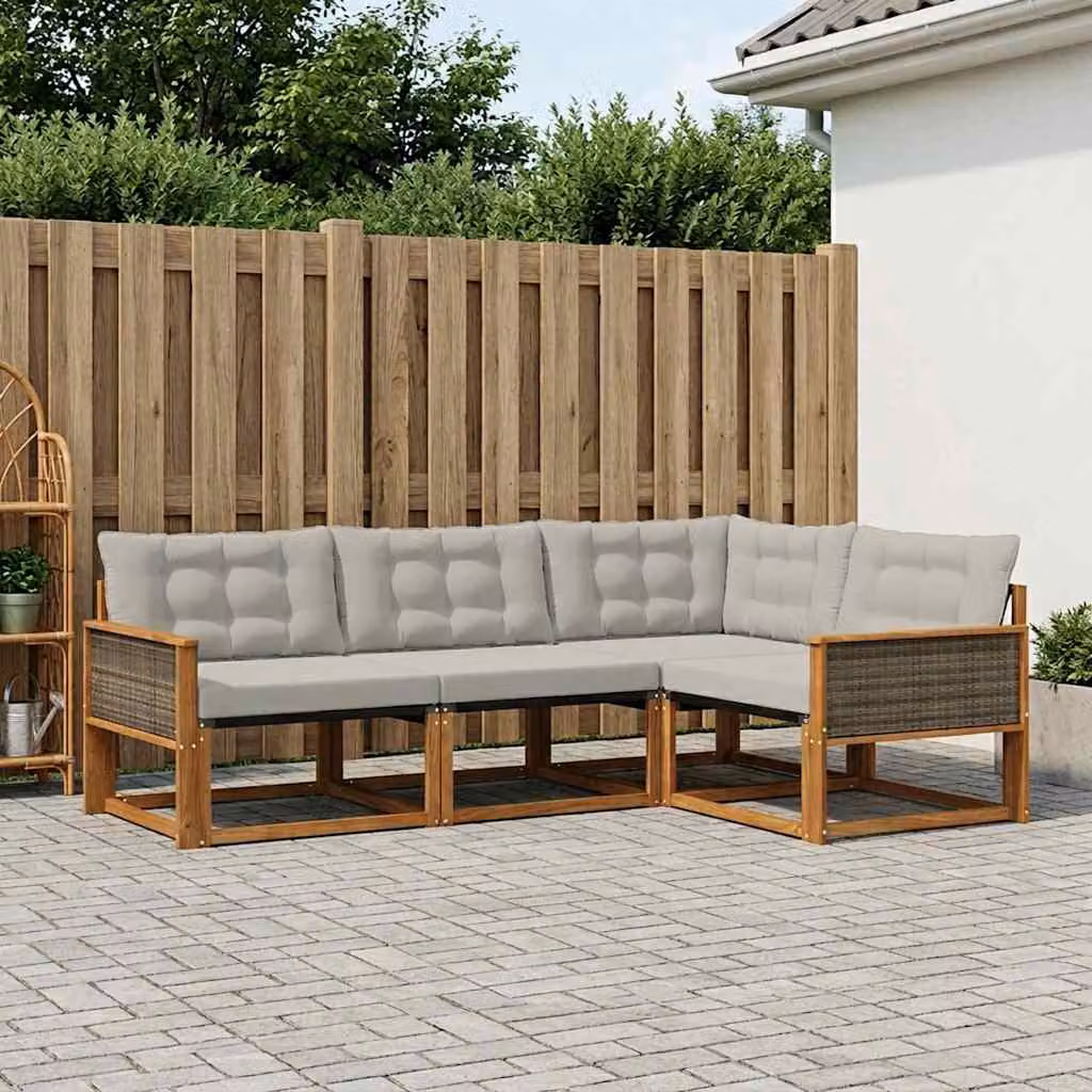 vidaXL Set di divani da esterno a L in legno di acacia con cuscini, Naturale e Grigio Chiaro