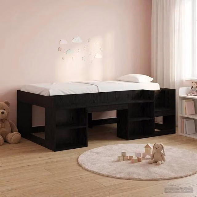 Letto Singolo Rialzato per Bambini vidaXL con Ripostiglio e Scala, Nero, L/P/H: 193 x 120 x 118,5 cm – 1