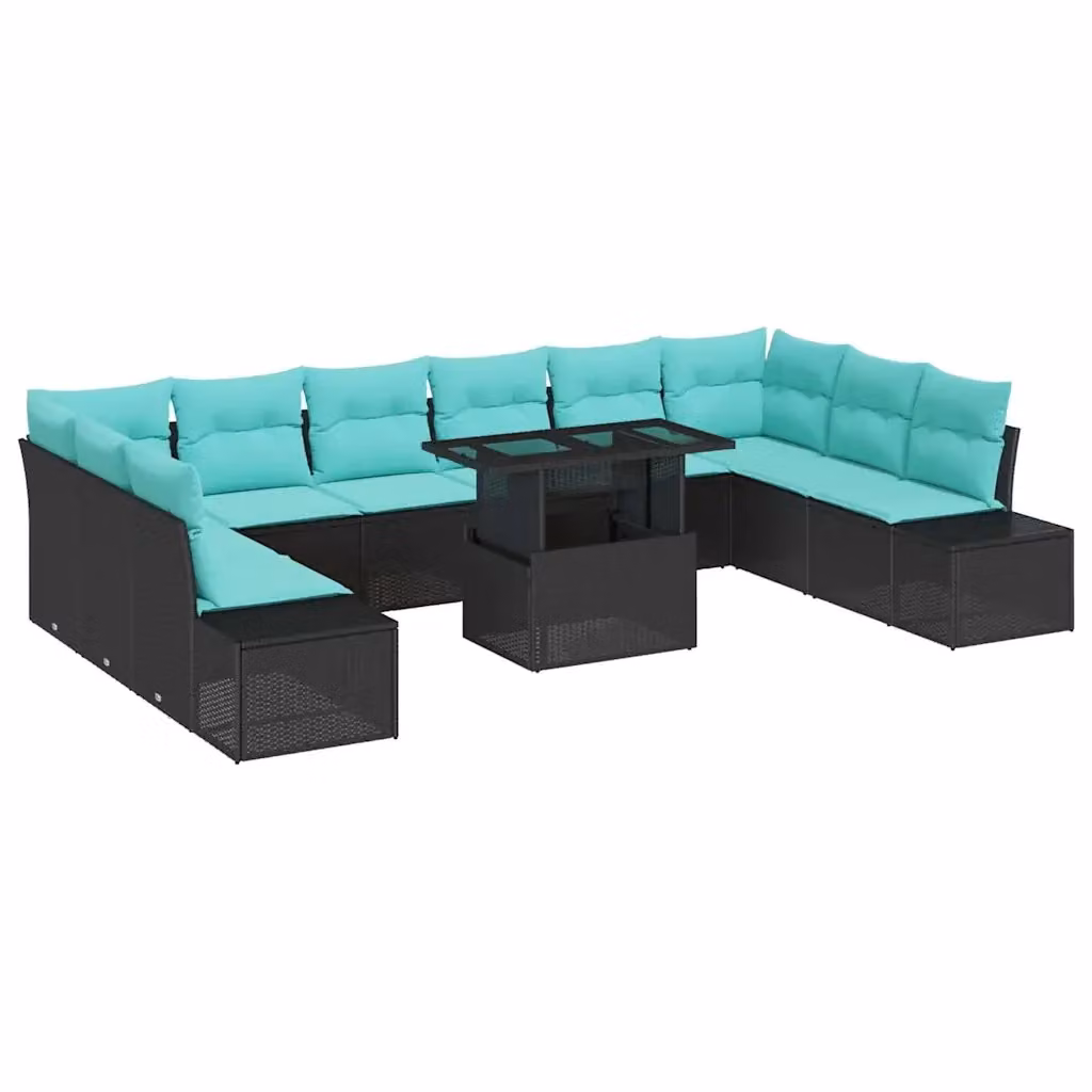 Set Divano da Giardino Moderno vidaXL in Polyrattan con Cuscini e Tavolino, 11 Pezzi, Nero e Blu – 2