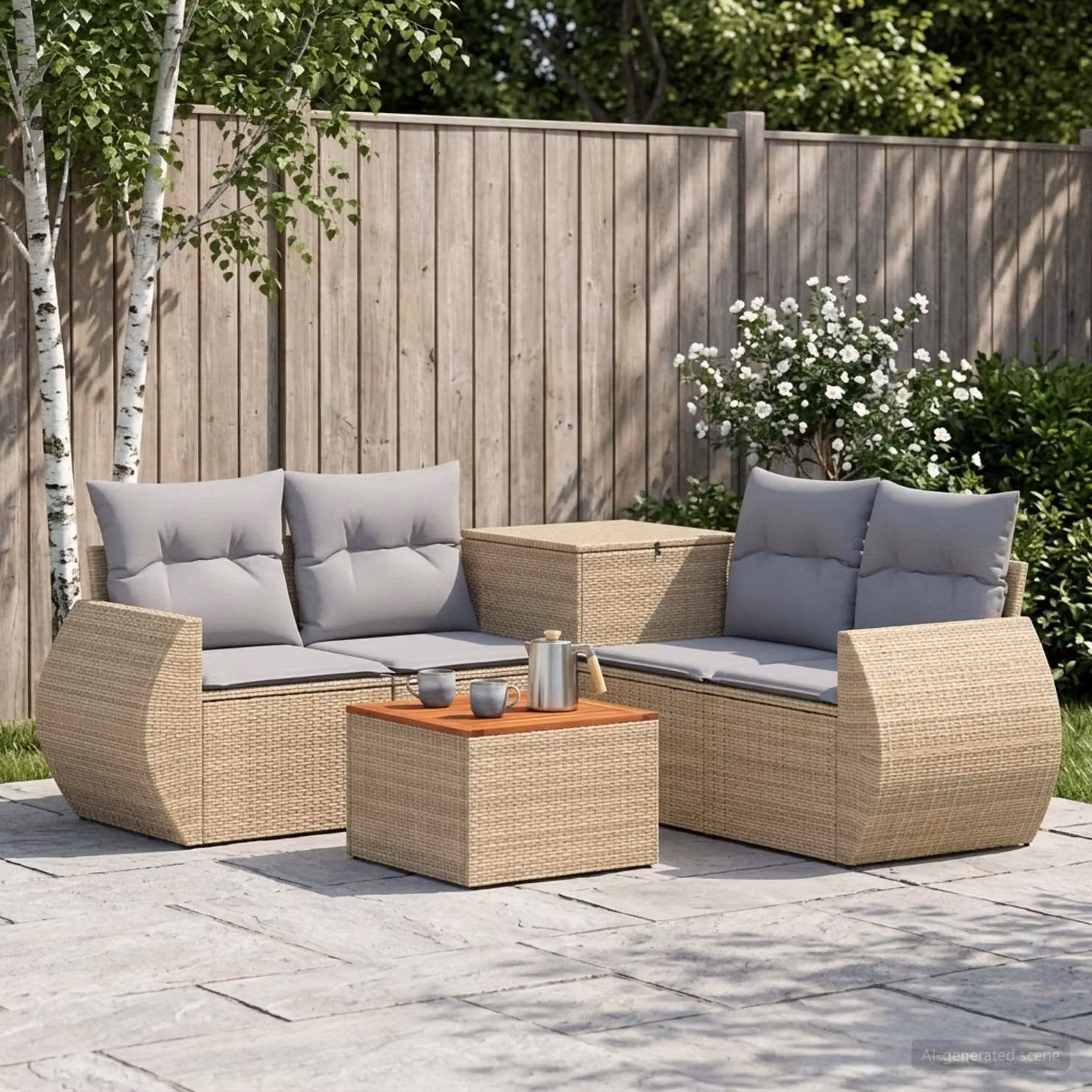 Set di divani da giardino vidaXL in polyrattan con forma a L, colore beige e grigio, composto da divano a 3 posti, elementi angolari, tavolino da caffè e cuscini inclusi