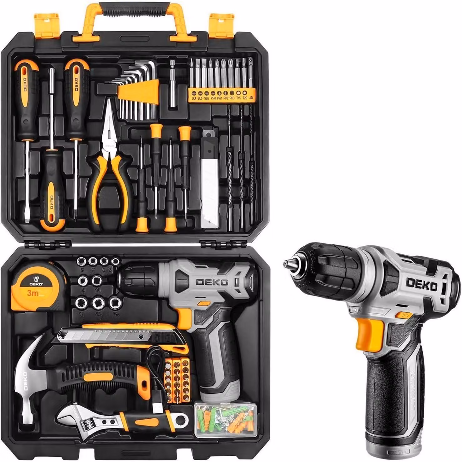 Valigetta utensili completa, 126 pezzi, con avvitatore/trapano a batteria da 8V, colore grigio, con sfumature giallognole