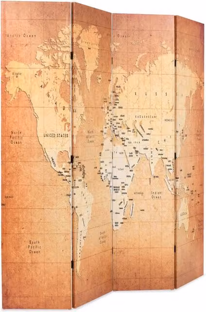 Paravento Pieghevole vidaXL con Stampa Mappa del Mondo, Colore Giallo, L 160 cm x H 170 cm – 1