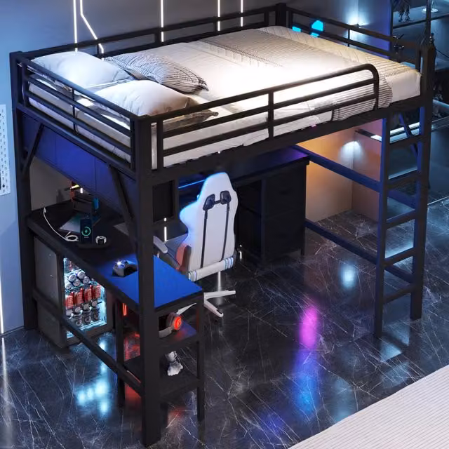 Letto a soppalco 140 × 200 cm con scrivania, scaffali, armadio, USB e LED, senza materasso, in MDF e metallo, nero