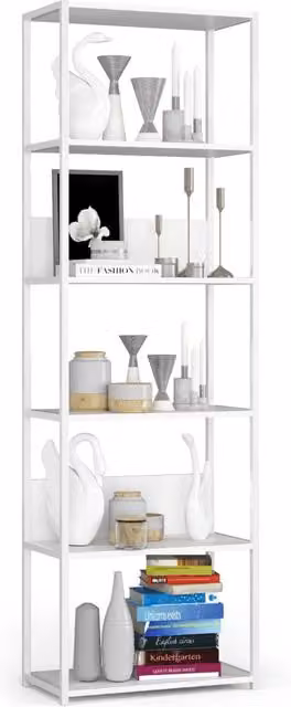 Scaffale Akord stile loft con ripiani in legno e struttura in metallo, colore bianco, L: 60 cm, P: 32 cm, H: 192 cm