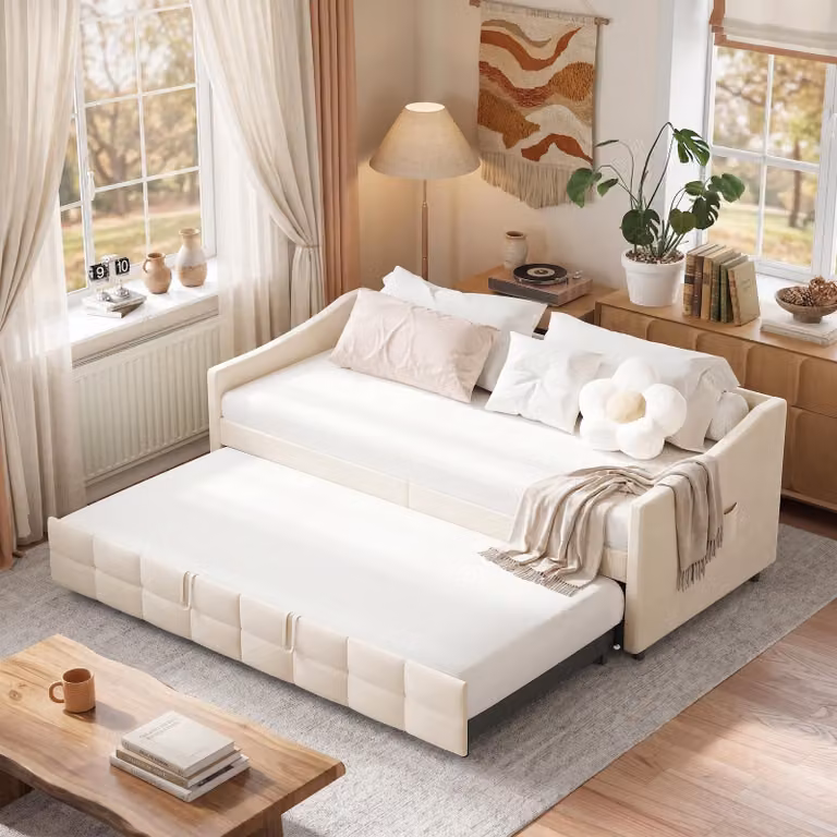 INONEFT, divano letto a una piazza (90x200 cm) o a una piazza e mezza (180x200 cm), con struttura a letto estraibile, rivestito in velluto, con rete a doghe e braccioli, colore crema