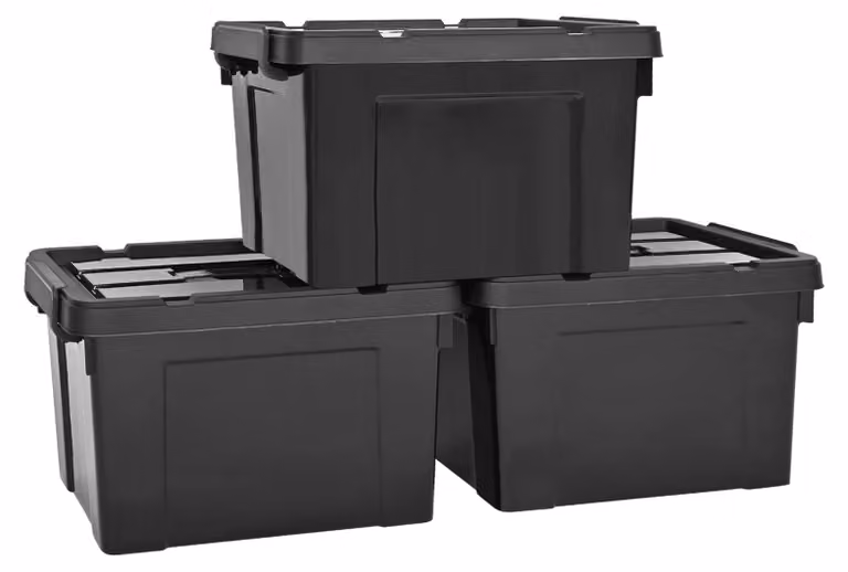 Set di contenitori, 3 pezzi, capacità 40 litri, impilabili, in plastica con coperchio e sistema di chiusura, ideali per il garage