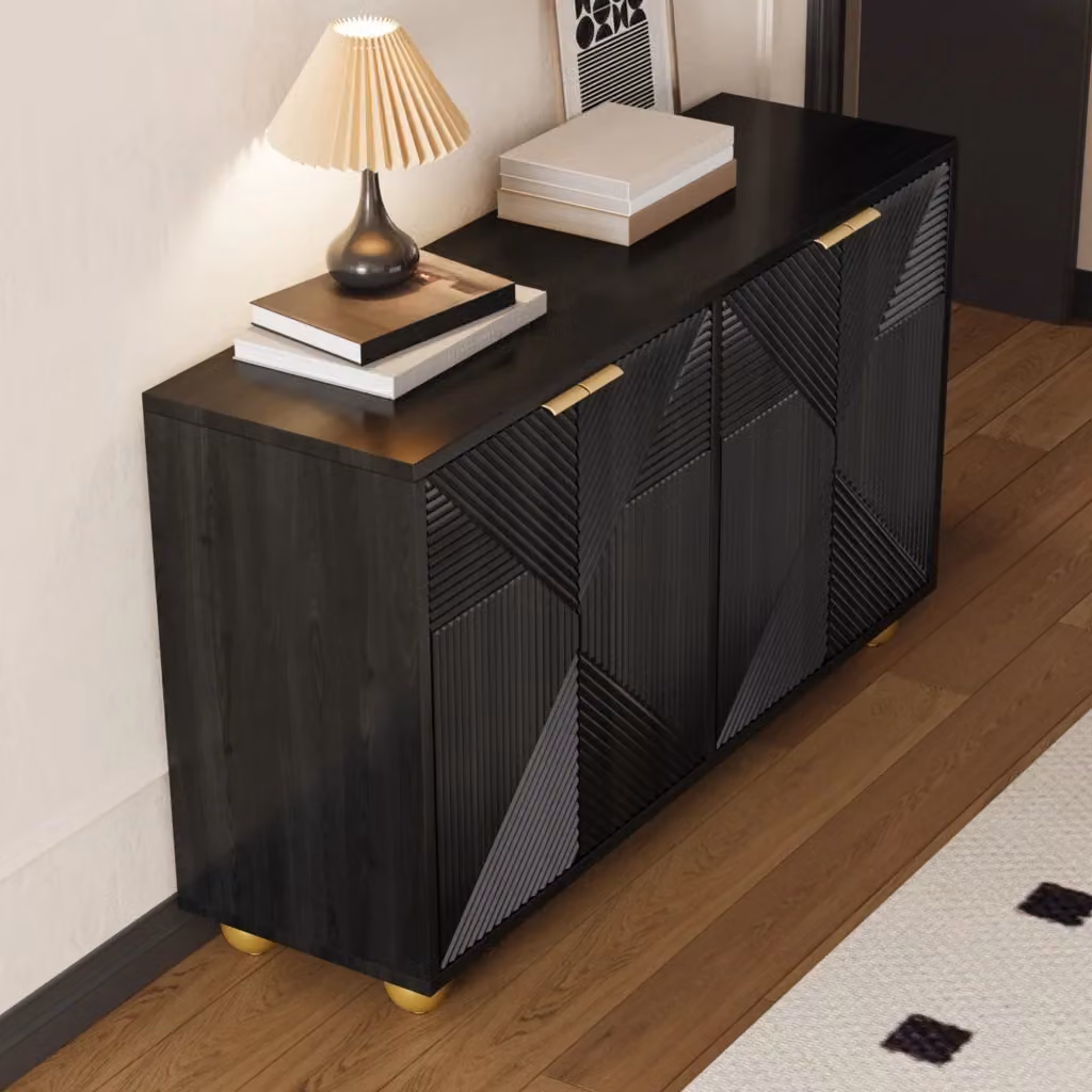 Credenza OKWISH in MDF nero e oro con dettagli geometrici per soggiorno e sala da pranzo, L/P/H: 120 x 35 x 71,5 cm – 2