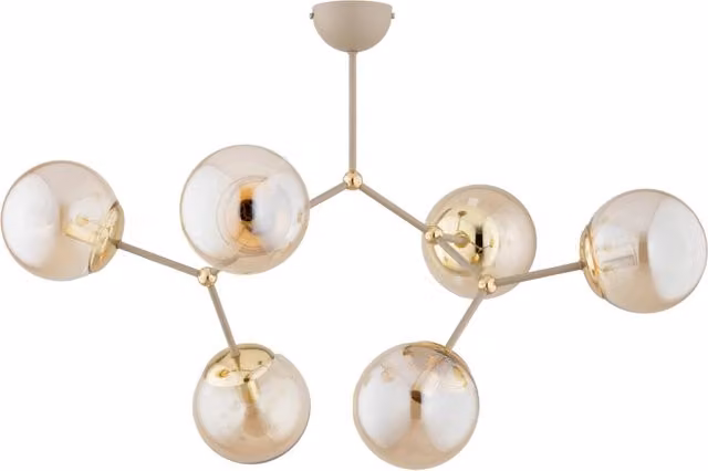 Plafoniera moderna Alfa Golem in metallo beige e oro con sfere in vetro ambra, 6xE14