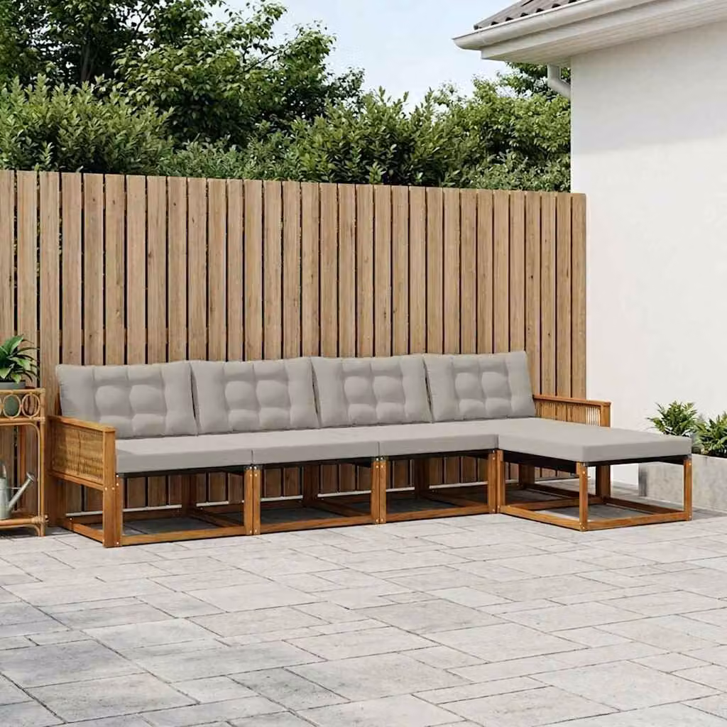 Set di divani da esterno vidaXL a forma di L composto da 5 pezzi con pouf e cuscini in tessuto textilene, struttura in legno di acacia trattato, colori beige, grigio e marrone