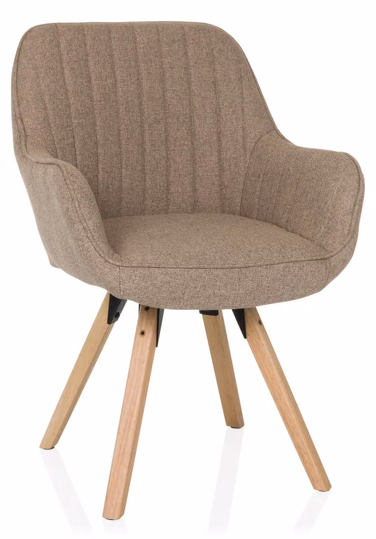 Poltrona girevole rivestita in tessuto, modello SCANDI SOFT, color beige, con gambe in legno massello