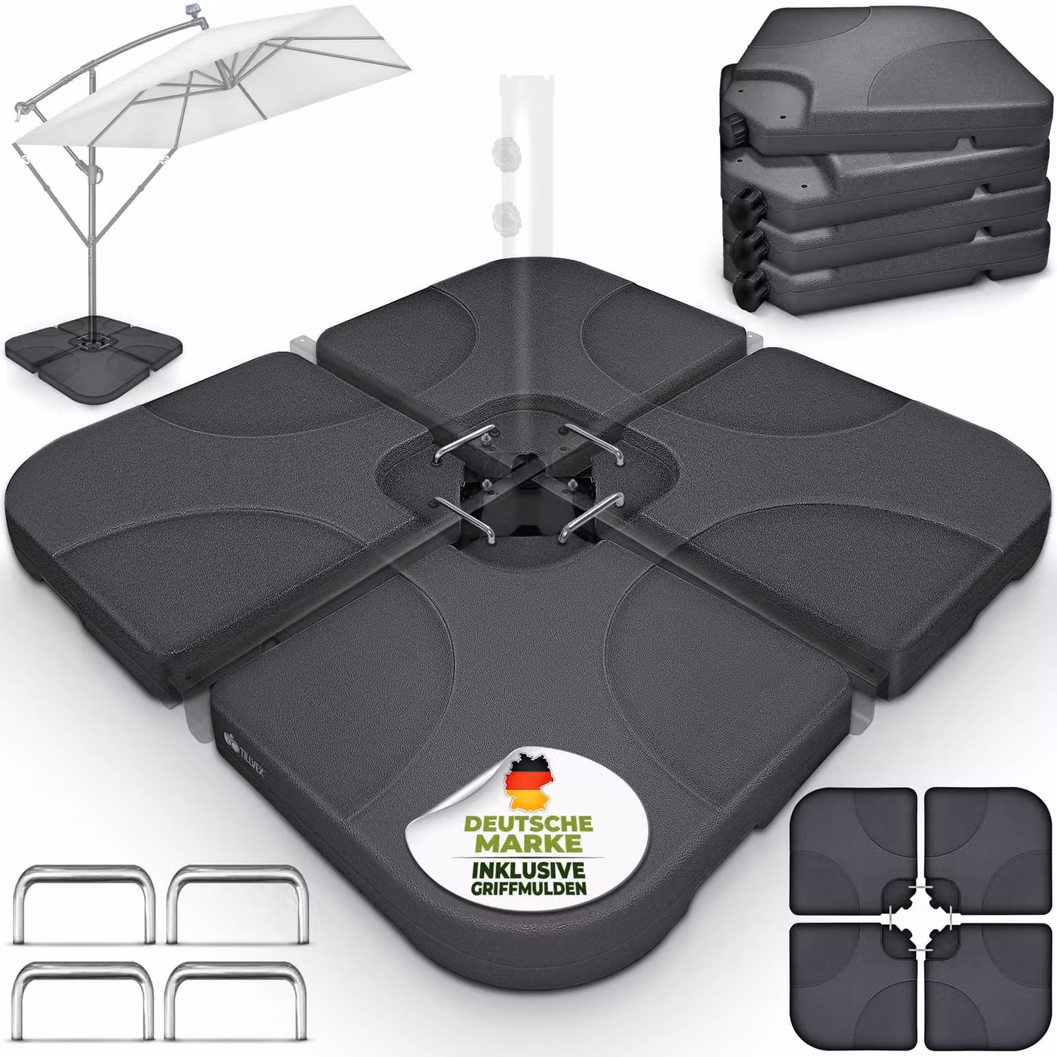 tillvex® supporto per ombrellone antracite 60 litri / 80 kg - 4 parti per ombrellone a sbalzo incl. connettore in metallo | peso dell'ombrellone riempibile con acqua o sabbia | supporto per ombrellone a sbalzo resistente alle intemperie