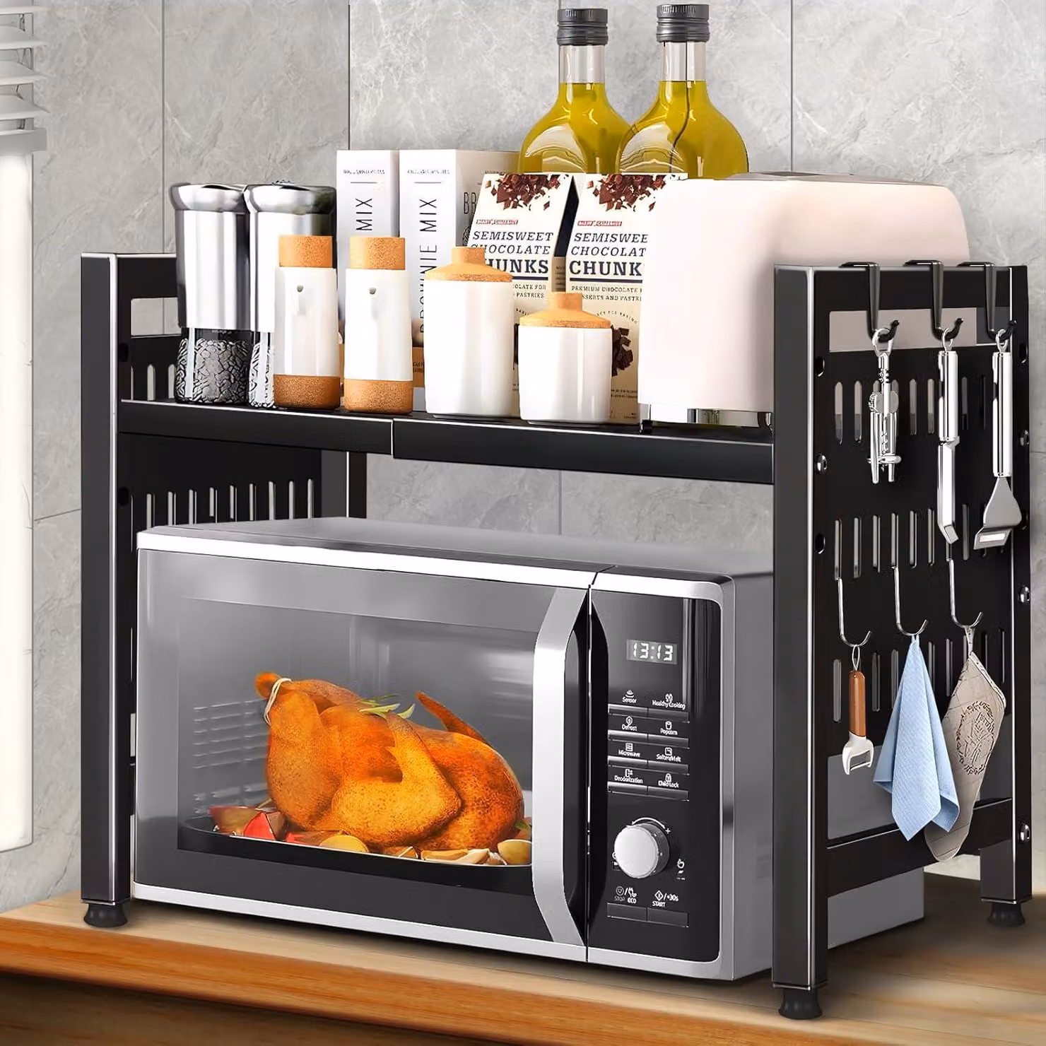 Ripiano per microonde, regolabile da 37 a 61 cm, con 2 livelli e 6 ganci, ideale per la cucina