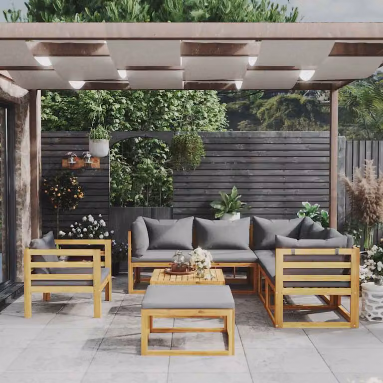 Set di Divani da Giardino vidaXL 8 Pezzi in Legno di Acacia con Cuscini Grigi e Tavolino