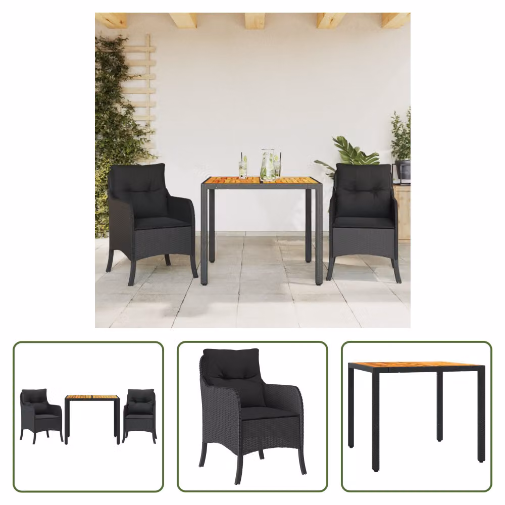 The Living Store Set da pranzo da giardino in 3 pezzi con cuscini in poly rattan nero