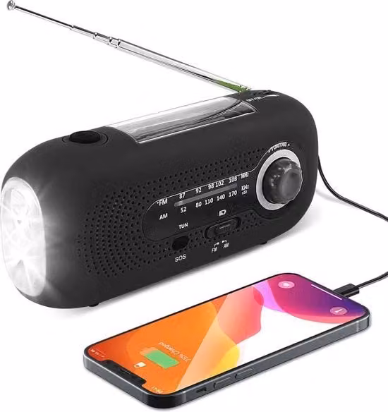 Radio solare con ricarica manuale, torcia LED potente e batteria di emergenza da 2000 mAh per smartphone, funzioni AM/FM e porta USB-C, colore nero