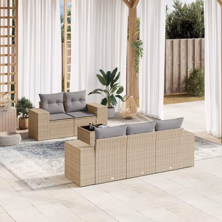 vidaXL Set Divano da Giardino a L in Polyrattan con Cuscini Beige e Tavolino da Esterno 6 pz