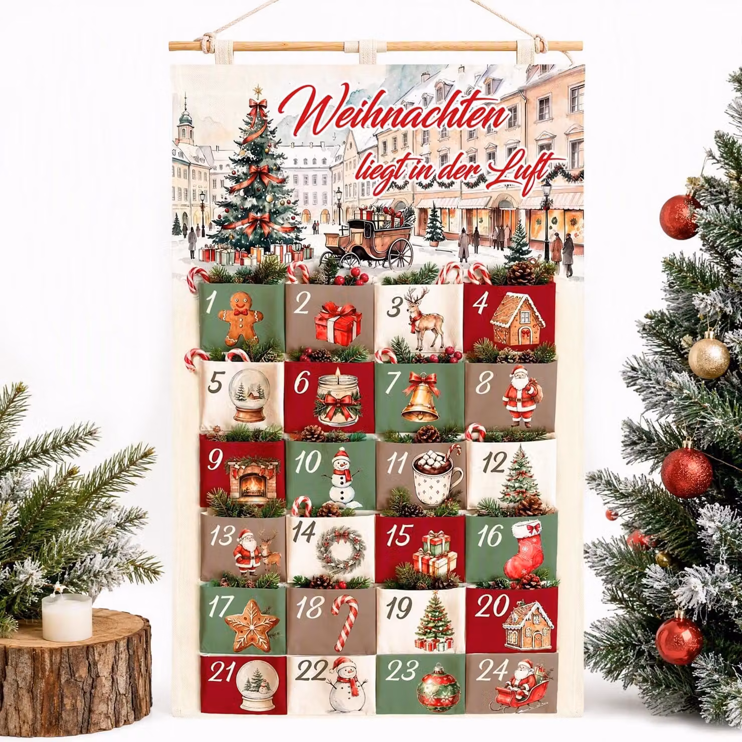 Calendario dell'Avvento da riempire, 24 tasche, 97 x 62 cm, in tela