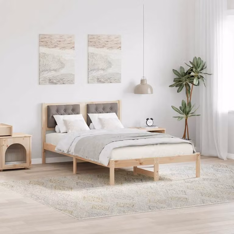 Struttura del letto Talpa vidaXL in pino massello e tessuto beige L 120 x P 200 cm