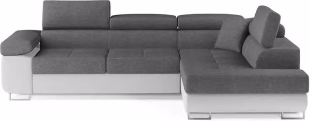 Divano angolare convertibile MEUBLORAMA moderno in tessuto grigio e bianco con funzione letto e poggiatesta regolabile, L/P/H: 272 x 145 x 85 cm