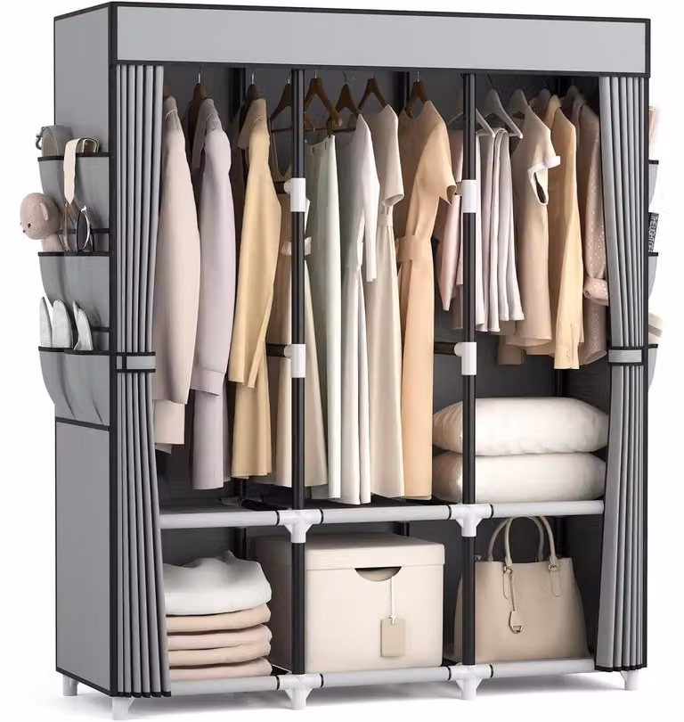 Armadio portatile in tessuto con 3 aste appendiabiti, pieghevole, dimensioni 132x44x170 cm, colore grigio