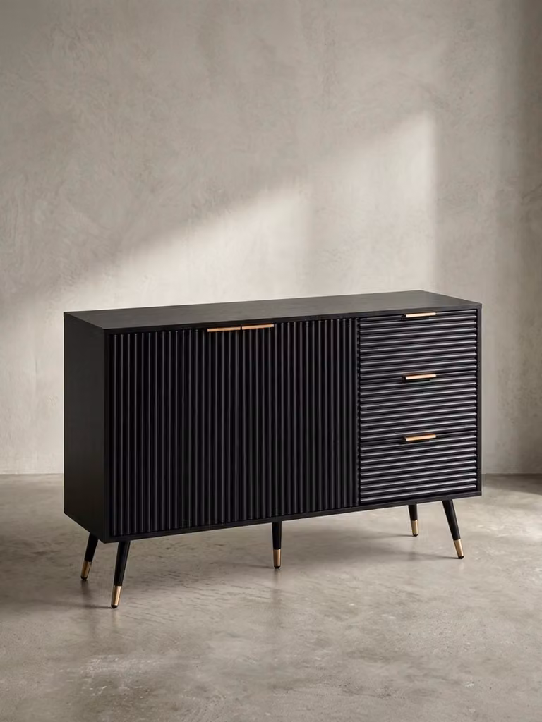Credenza 120x80x40 cm Credenza nera con decorazione in rovere, cassettiera con ante e cassetti, cassettiera Moderno armadio da ingresso, armadio da soggiorno con gambe in metallo