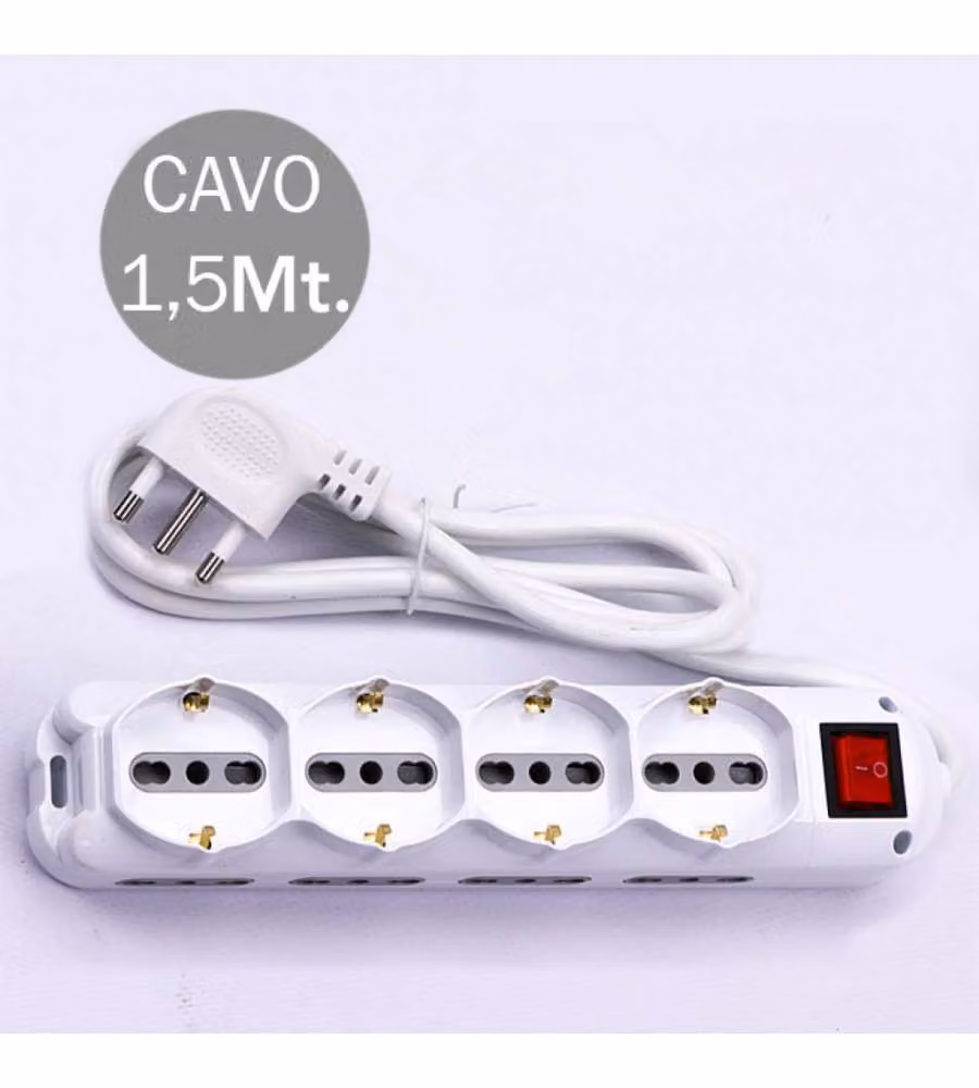 Multipresa V-TAC Bianca con Cavo da 1,5 m, 8 Prese Laterali e 4 Prese Frontali Schuko 10/16A 2P+T con Interruttore