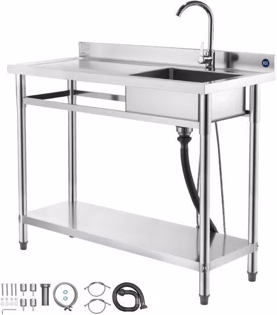 Combinazione indipendente per lavello singolo con rubinetto, dotata di un piano di lavoro a sinistra con lavello per acqua calda e fredda, ideale per garage, ristoranti o locali lavanderia, dimensioni 1200x500x940 mm