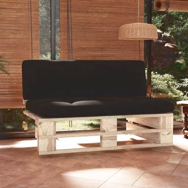 Divano centrale componibile da giardino in legno di pino impregnato con cuscini grigi o neri stile rustico