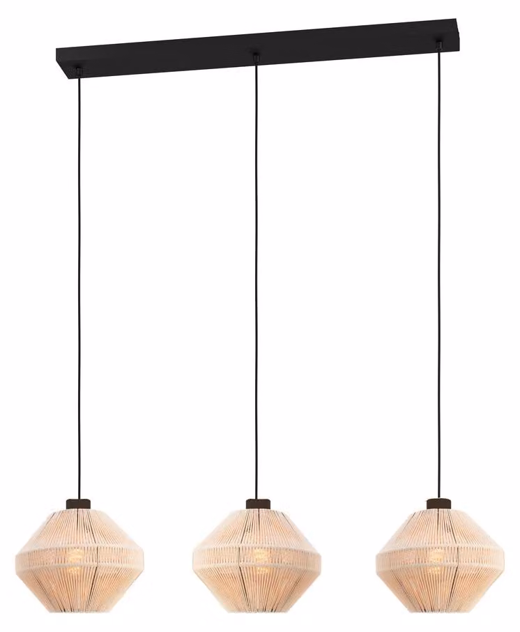 Lampada a sospensione - 92 x 110 cm - 3 luci - crema - nero - copertura in corda - acciaio