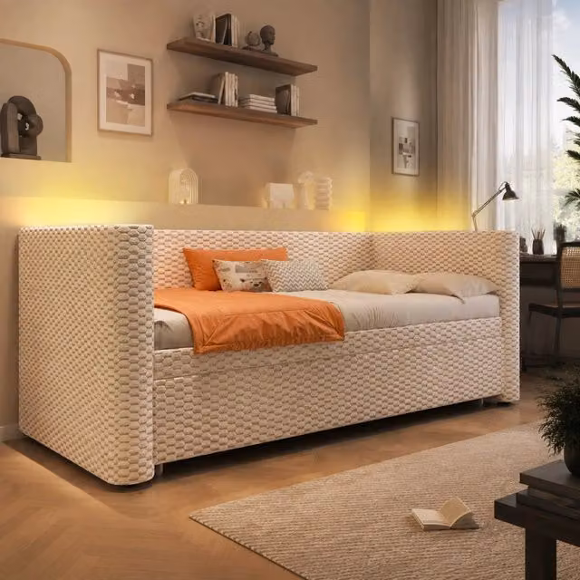 Letto Mivray con letto estraibile e illuminazione LED multicolore controllabile da app, rivestimento in velluto beige e struttura in MDF, L/P: 90 x 200 cm