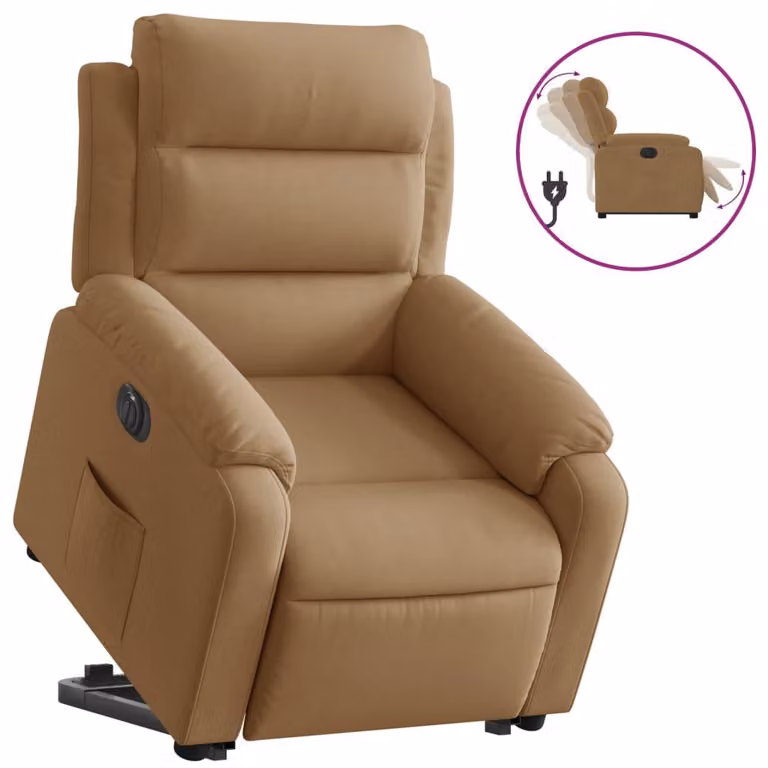 Poltrona reclinabile con sistema di sollevamento elettrico, color marrone, rivestita in velluto