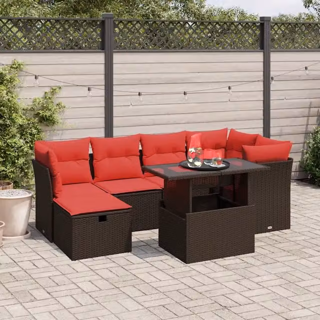 Set da giardino moderno vidaXL in polyrattan marrone composto da 7 pezzi con cuscini e tavolino da esterno