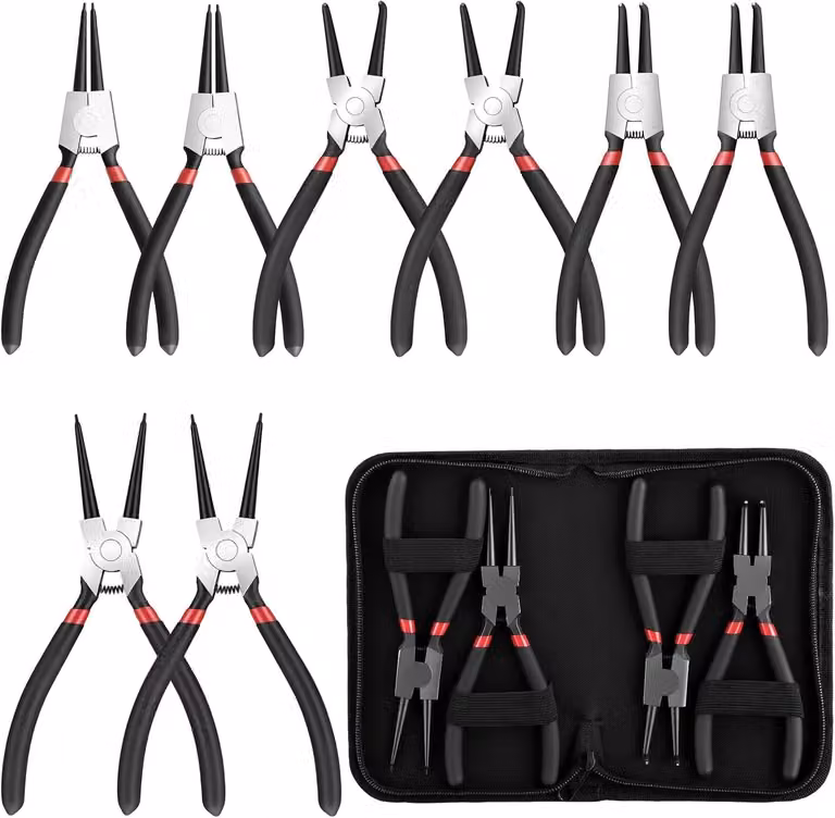 Set di pinze per anelli di sicurezza, 8 pezzi, 180 mm, a bocca dritta e curva, per la riparazione di biciclette e automobili