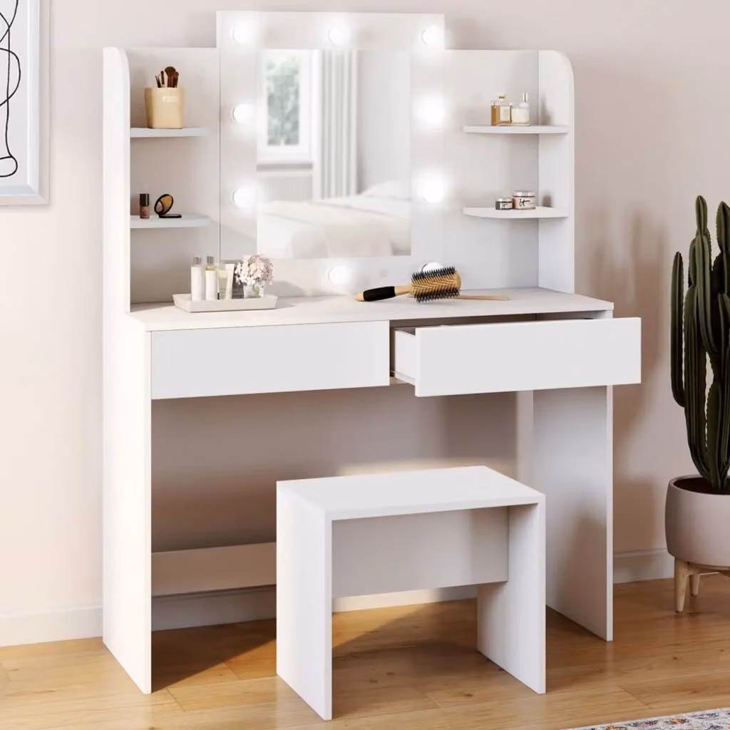 IDMarket ZELIA tavolo da toilette bianco con specchio LED, 4 ripiani e sgabello – 2