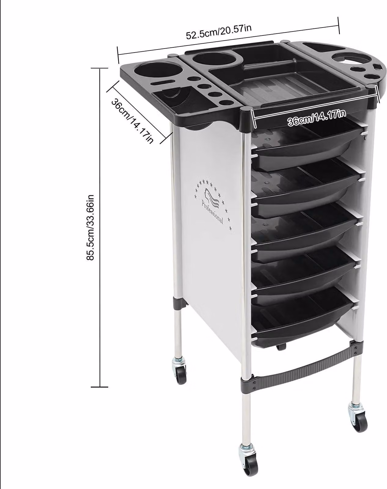 Carrello da parrucchiere/salone - Carrello a 6 ripiani - Ripiano ribaltabile - Quattro ruote silenziose - Telaio in metallo - Portata 15 kg per ripiano - Bianco