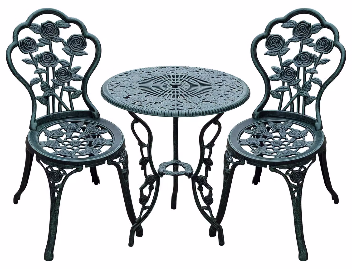 Set da bistrot per giardino - composto da 3 pezzi - 2 posti a sedere - realizzato in alluminio pressofuso - design retrò - colore verde antico