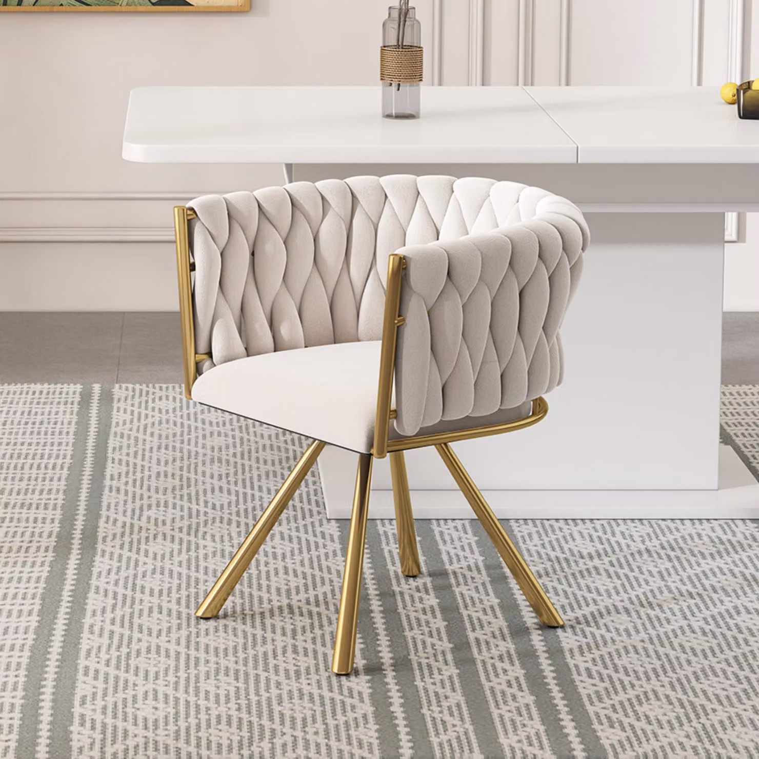 MODFU sedia da pranzo con quattro gambe di supporto, sedia girevole imbottita, sedia da cucina in metallo per il soggiorno, beige e oro