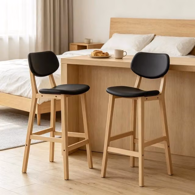 Sgabelli da bar set di 2 con schienale ergonomico e seduta imbottita in similpelle e legno massello nero 91.5 cm