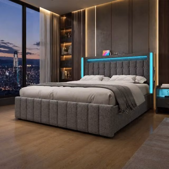 Letto Mivray imbottito in lino grigio con 4 cassetti, illuminazione LED e porte di ricarica USB e Type-C, L/P/H: 160 x 200 x 104 cm