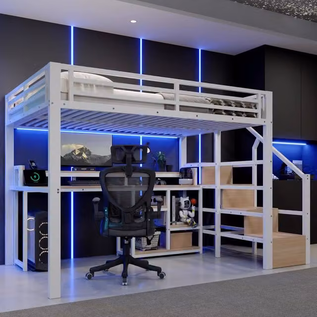 Letto a soppalco 140 × 200 cm 2 posti con scala contenitore, USB e Type-C, LED, senza materasso, bianco