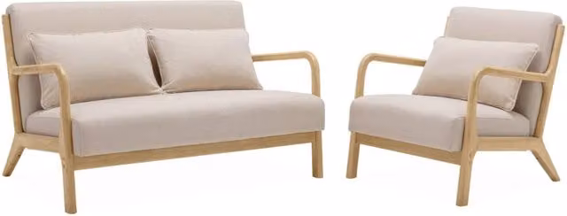 Set panca 2 posti e poltrona stile scandinavo in legno, beige