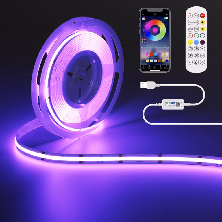 Striscia LED RGB COB da 1 metro con 5V USB, controllabile tramite app Bluetooth, per illuminazione con cambio colore