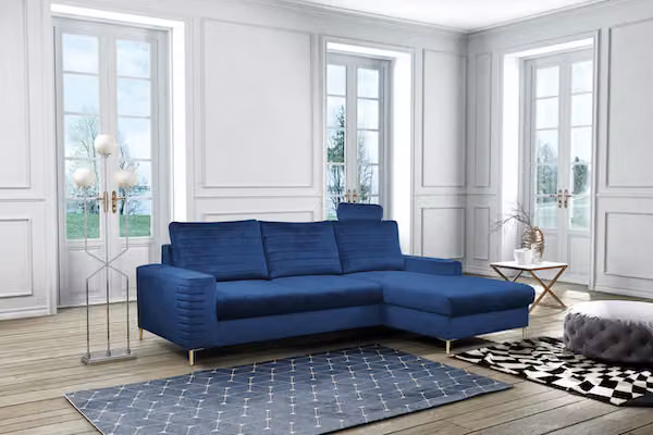 Divano angolare "Collin" divano angolare funzione letto blu navy / piedi oro recamiere destra