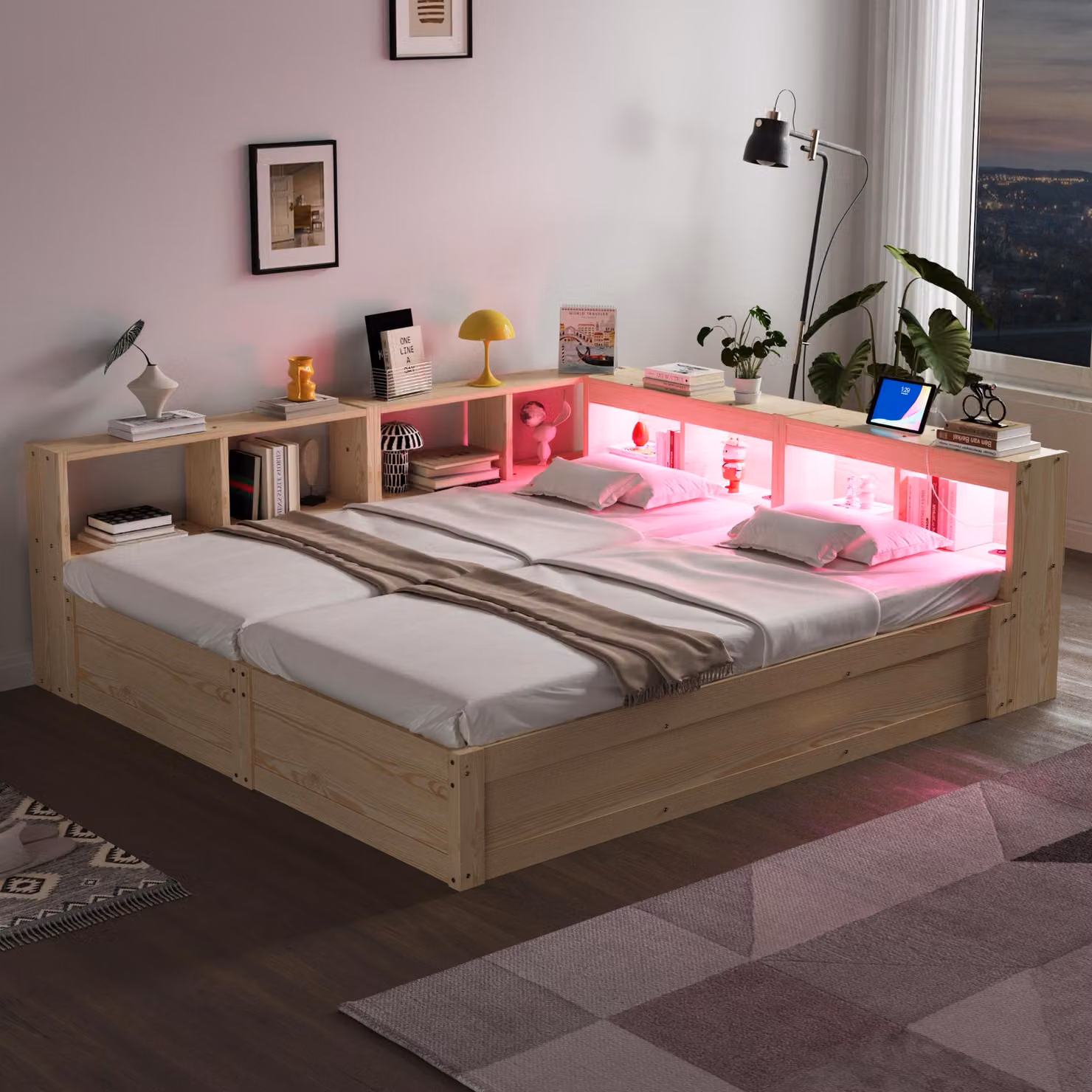 Divano letto idraulico Flieks con struttura in legno 90x200 cm/180x200 cm con vani portaoggetti, divano letto con funzione di contenimento e illuminazione a LED, finitura naturale