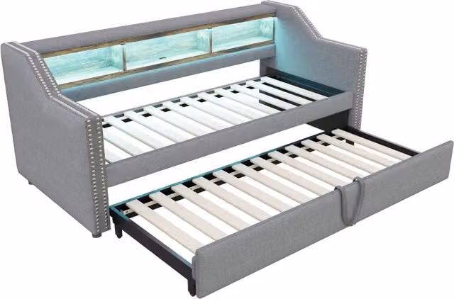 Divano Letto Contenitore con Rete a Doghe, Materassi a Molle 90/180 x 190 cm, LED e Porta USB, Rivestimento in Lino Grigio Chiaro