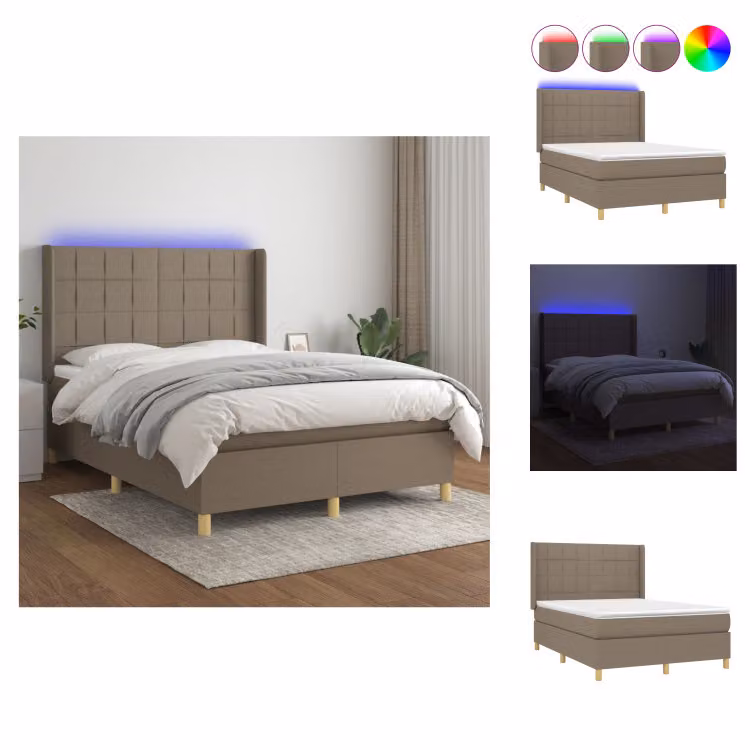 vidaXL Letto a molle con materasso e tessuto LED Taupe 140x190 cm - Letti & strutture letto