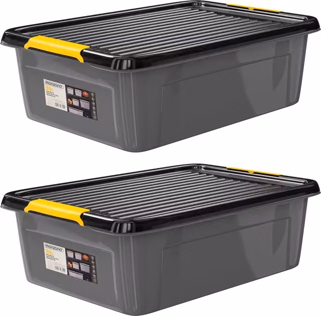 Set di 2 scatole portaoggetti impilabili Monzana in plastica, colori grigio, antracite e giallo, L: 58 cm, P: 39 cm, H: 16 cm – 1