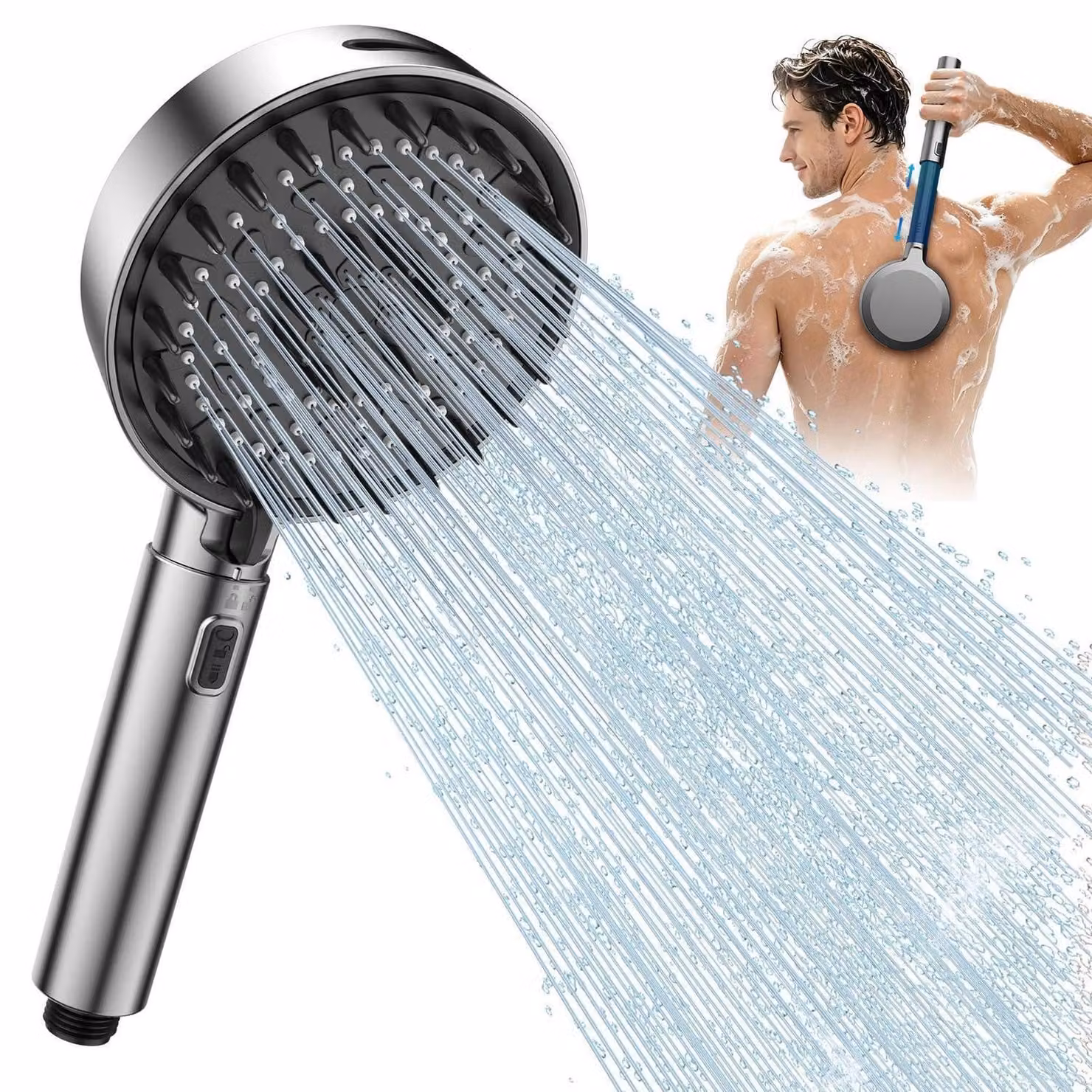 Doccia con soffione e tubo flessibile, ampia superficie di doccia, 1,8 metri, regolabile