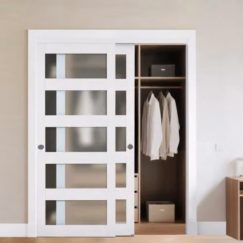 Porta Scorrevole per Armadio Vevor in Vetro Smerigliato e Legno con MDF, Colore Bianco, L: 152.4 cm, H: 203.2 cm
