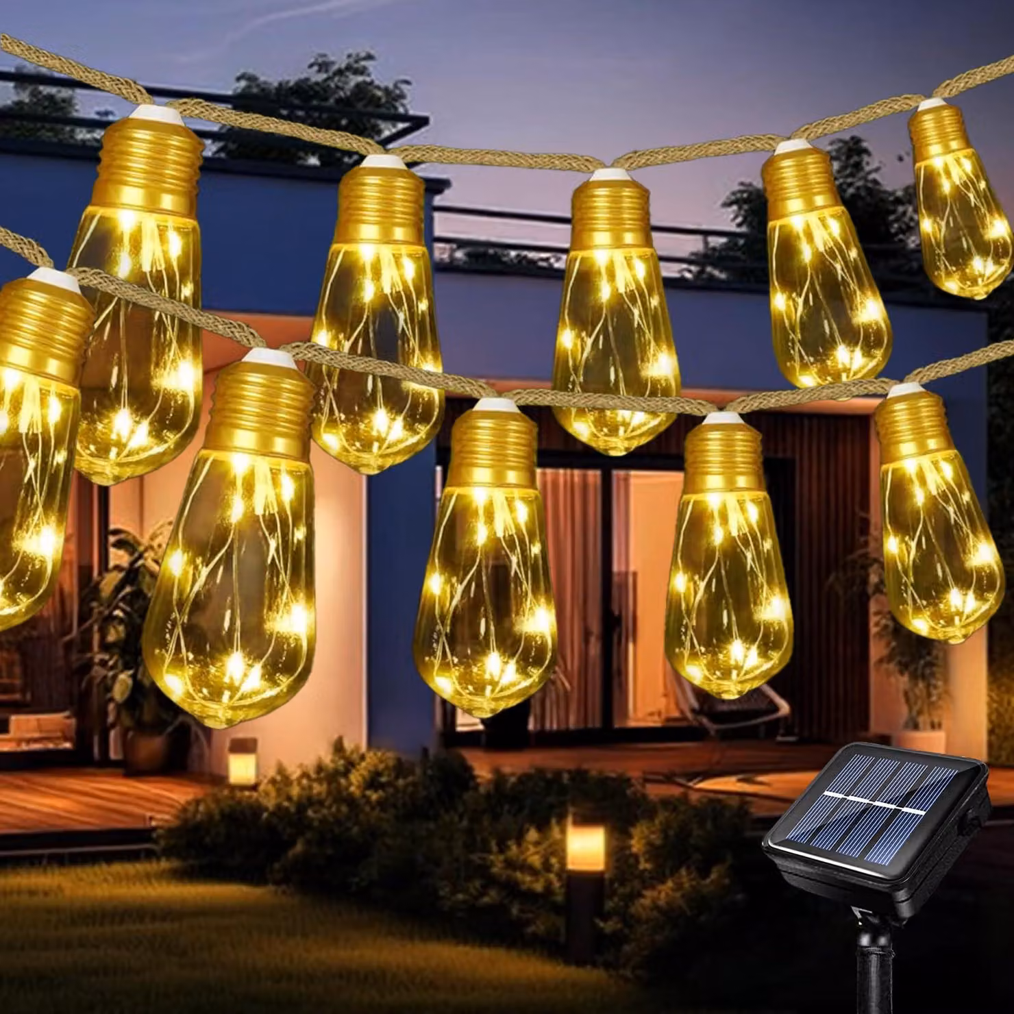 Catena luminosa solare, 6,5 metri, 80 LED, corda di canapa, 10 lampadine, 8 modalità, grado di protezione IP65